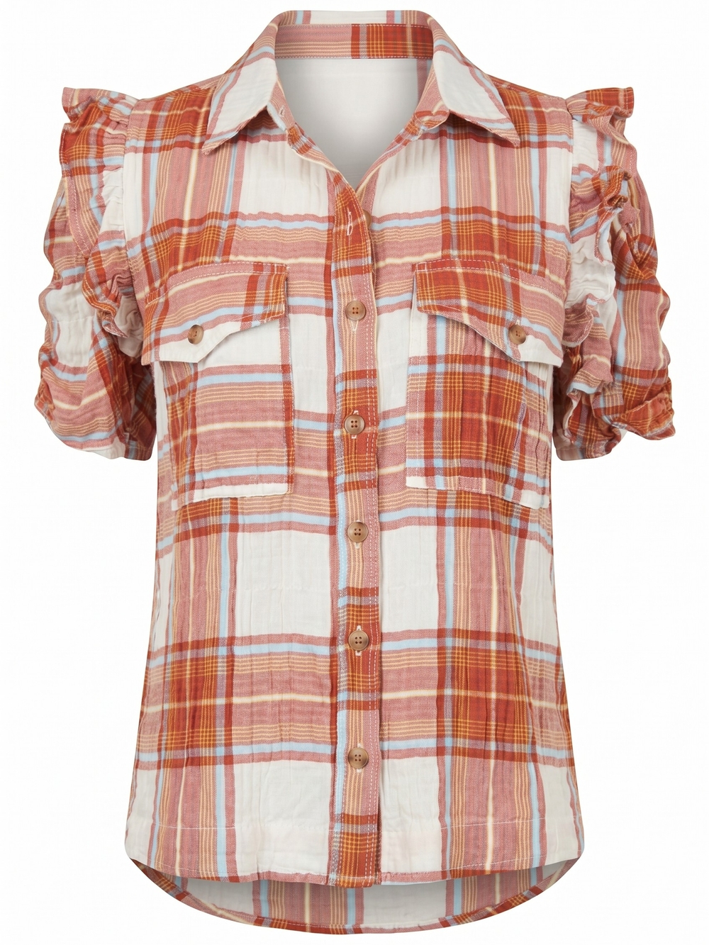 Red Plaid Reouched Sleeve Top S